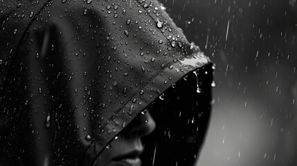 a solitary figure, an woman facing the camera, cloaked in the anonymity of a rain-drenched hood.