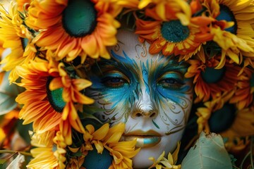Mystical face paint on a woman, surrounded by sunflowers creating an intense impression