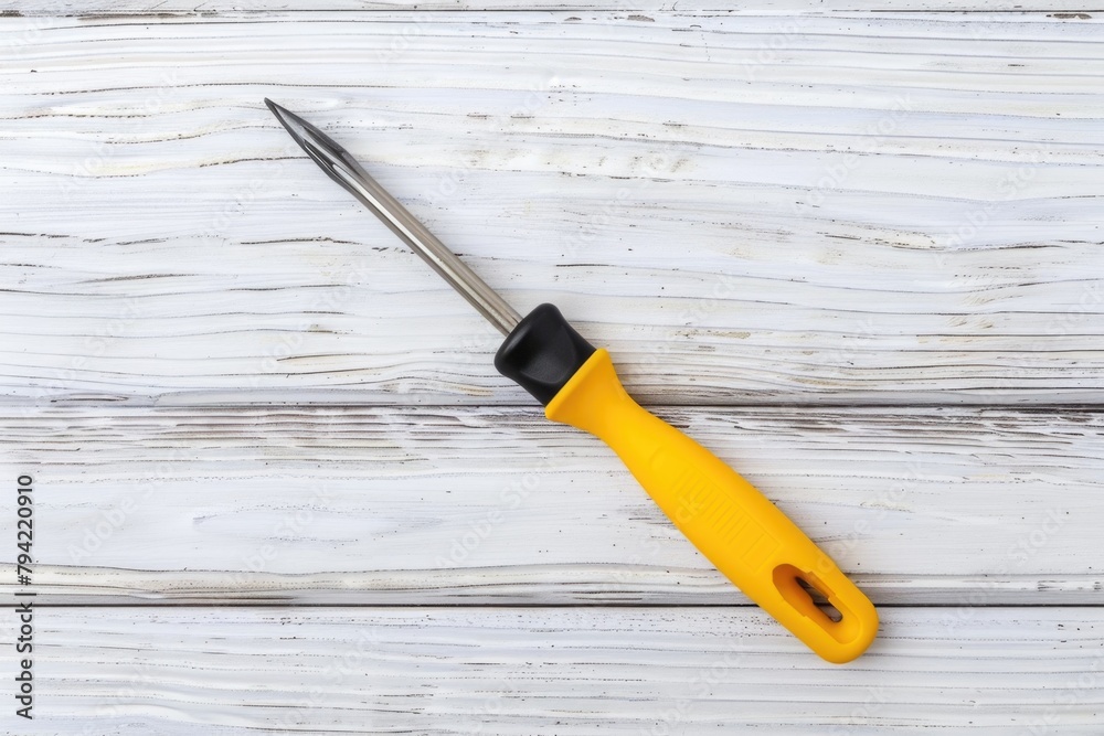 Poster a pair of scissors on a wooden table. ideal for office or crafting concepts
