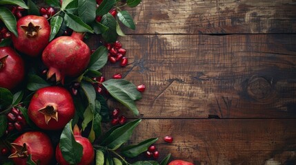 Fresh pomegranates displayed on a rustic wooden table, perfect for food and nutrition concepts