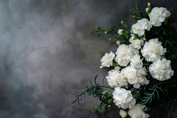 Black funeral ribbon and white carnations flowers on dark background