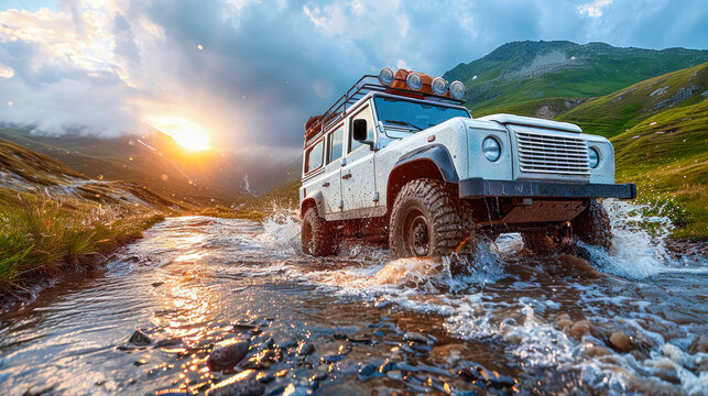 A robust off-road vehicle crosses a mountain stream at sunrise, a perfect representation of adventure and the call of the wild.