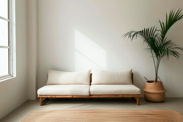 Minimalist living room setting, emphasizing simplicity and elegance with a simple couch next to a single plant.