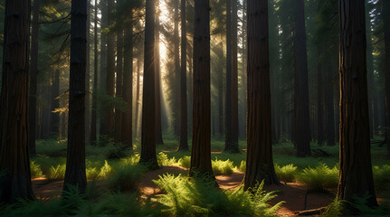 Obraz premium Spectacular morning sun light rays in the forest. Green forest during a beautiful summer warm day Keywords: morning in the forest. Generative. AI