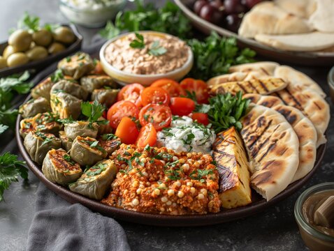A plate of food with a variety of vegetables and dips. The plate is on a table and the food is arranged in a way that makes it look appetizing