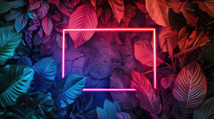 Neon glowing rectangular frame on the background with tropical leaves and flowers