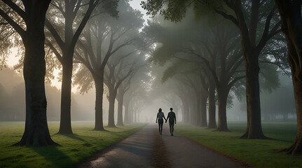 Sport couple walking on the path in the park
morning in the park. Generative.AI