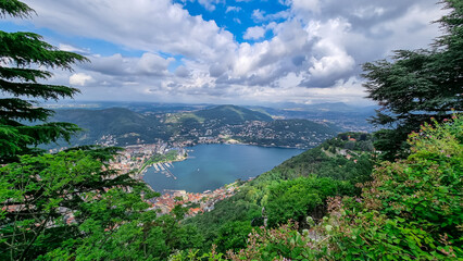 Aerial view of city and lake of Como seen from the funicular in hillside village of Brunate,...