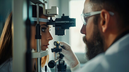 Young woman test and checking glaucoma with optometrist or ophthalmologist. A young woman patient having an eye exam