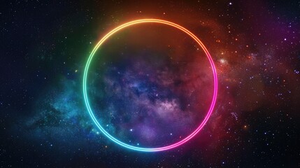 Neon glowing round circle frame on space background with stars