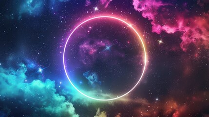 Fototapeta premium Neon glowing round circle frame on space background with stars