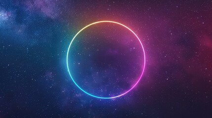 Fototapeta premium Neon glowing round circle frame on space background with stars