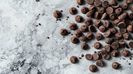 Scattered chocolate chips on textured silver background