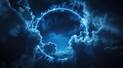 Neon glowing round circle frame on the background with sky and clouds