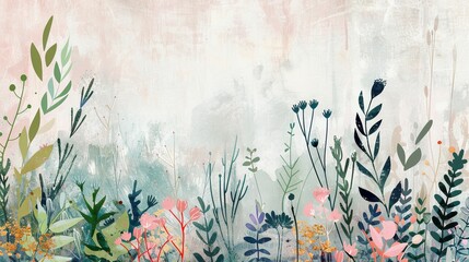 Abstract herb garden with pastel tones and a whimsical touch,