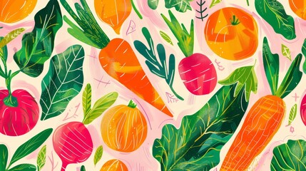Abstract pastel patterns of farm fresh vegetables, vibrant and whimsical, - obrazy, fototapety, plakaty
