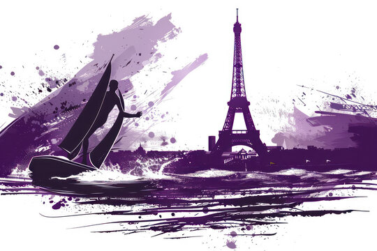 Purple watercolor paint of sailor athlete on boat race by eiffel tower