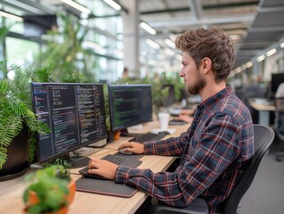A man is sitting at a desk with two computer monitors and a keyboard. He is focused on his work, possibly programming or working on a project. The room is decorated with plants, giving it a natural - obrazy, fototapety, plakaty