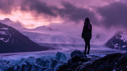 Female defying a monstrous silhouette, surreal glacier, twilight, sharp contrasts and focused lighting, - obrazy, fototapety, plakaty
