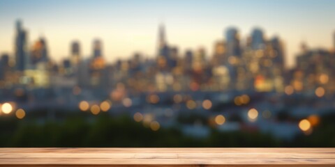 The empty wooden table top with blur background of cityscape. Exuberant image. generative ai
