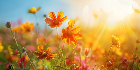 Beautiful meadow with flowers at sunset Nature background Wildflowers, buzzing bees, and a vibrant sun bring spring's lively spirit - obrazy, fototapety, plakaty