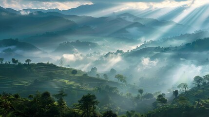 Himalayan foothills, Crepuscular rays and morning fog, Magazine Photography, - obrazy, fototapety, plakaty