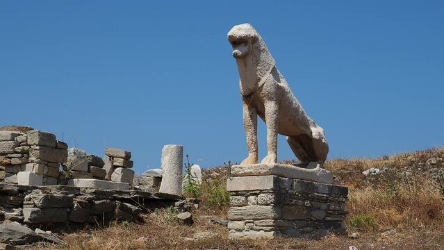 The Terrace of the Lions, Delos Archaeological Site, UNESCO World Heritage Site, Delos Island, Cyclades, Greek Islands, Greece, Europe