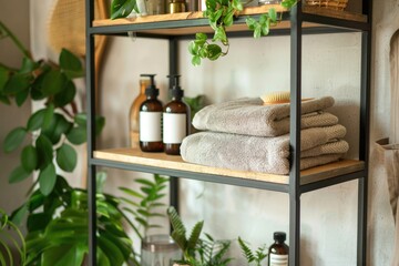 A shelf displaying towels, bottles, and plants, perfect for bathroom decor