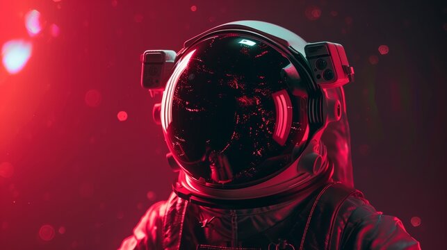 Futuristic astronaut helmet close-up in red light