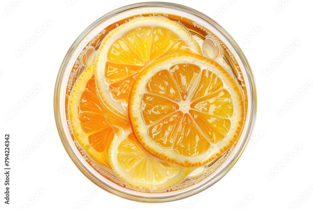 Poster fresh orange slices floating in a glass of water. ideal for health and wellness concepts