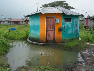 Fototapeta na wymiar A small house with a blue and orange exterior sits in a flooded yard. The house is surrounded by a puddle of water and a few other puddles