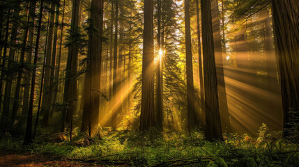 Redwood National Park, Crepuscular rays through tallest trees, Magazine Photography,