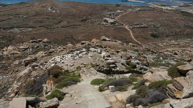 View from Mount Kynthos, Delos Archaeological Site, UNESCO World Heritage Site, Delos Island, Cyclades, Greek Islands, Greece, Europe