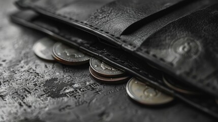 A wallet with coins sitting on top of it. Suitable for financial concepts