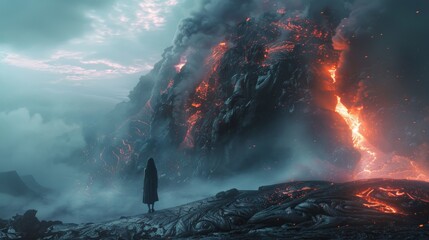 Woman against a mythical creature, stark lava field, volcanic glow, dramatic minimalist setting,