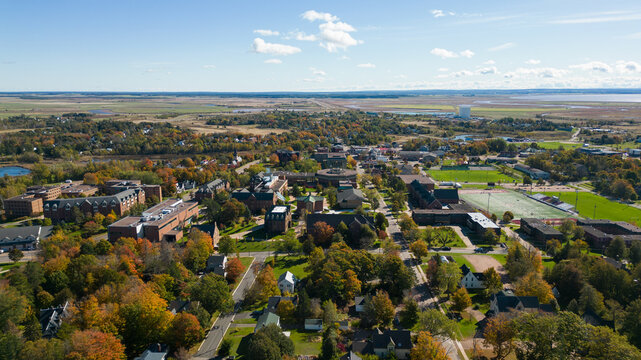 Beautiful Aerial Drone Photo Of The Mount Allison University Campus and Surrounding Town in Sackville, New Brunswick, Canada During Autumn