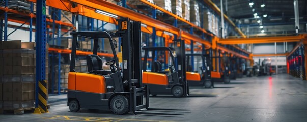 Naklejka premium Panoramic view of forklifts in modern warehouse