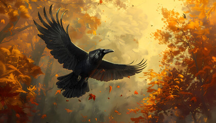 Breathtaking landscape ablaze with the fiery colors of fall. A raven takes center stage 
