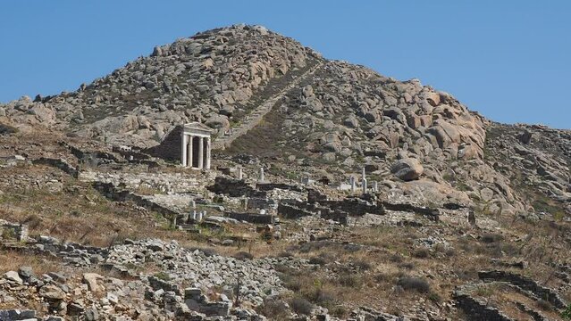 View towards the Temple of Isis and Mount Kynthos, Delos Archaeological Site, UNESCO World Heritage Site, Delos Island, Cyclades, Greek Islands, Greece, Europe