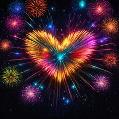 Bright multicolored fireworks in the shape of a heart against the background of the night starry sky and the urban landscape. 