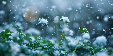 Plants covered with snow and frost in a winter field during a snowfall clover snow Winter scenery with frosty ice flowers, snow, and crystals - obrazy, fototapety, plakaty