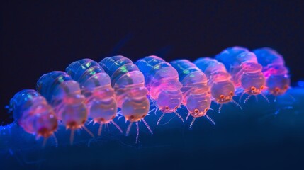 A group of insect larvae lined up in a row each one glowing under UV light as they consume and neutralize toxic substances.