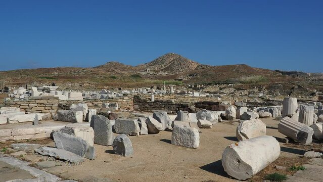 View towards the Mount Kynthos, Delos Archaeological Site, UNESCO World Heritage Site, Delos Island, Cyclades, Greek Islands, Greece, Europe