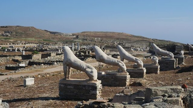 The Terrace of the Lions, Delos Archaeological Site, UNESCO World Heritage Site, Delos Island, Cyclades, Greek Islands, Greece, Europe