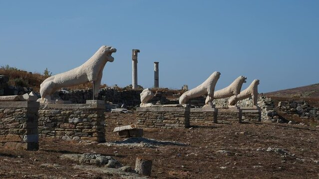 The Terrace of the Lions, Delos Archaeological Site, UNESCO World Heritage Site, Delos Island, Cyclades, Greek Islands, Greece, Europe