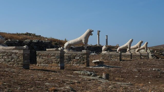 The Terrace of the Lions, Delos Archaeological Site, UNESCO World Heritage Site, Delos Island, Cyclades, Greek Islands, Greece, Europe