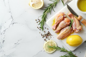 Fresh chicken and lemons on a white cutting board. Perfect for food bloggers or recipe websites