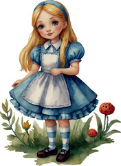 Watercolour Alice from Wonderland standing in a dress