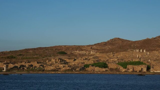 Waterfront of Delos Archaeological Site at sunset, UNESCO World Heritage Site, Delos Island, Cyclades, Greek Islands, Greece, Europe
