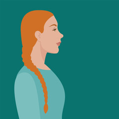 A beautiful young woman with fair skin and a long red braid, side view. Head and shoulders. A girl in close-up on a turquoise background in a flat vector style. Illustration for a banner, cover